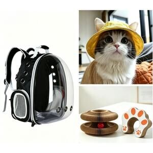 Cat Travel & Play Set: Carrier, Hat & Scratcher Toy, Pet Outdoor & Home Kit